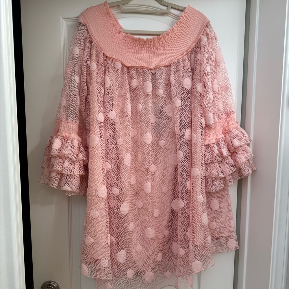 Gracia Pink Polka Dot Mesh Ruffle Sleeve Dress Size L